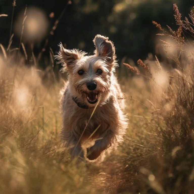 Un yorkshire heureux d'être en balade canine à l'Animal Behaviour Center