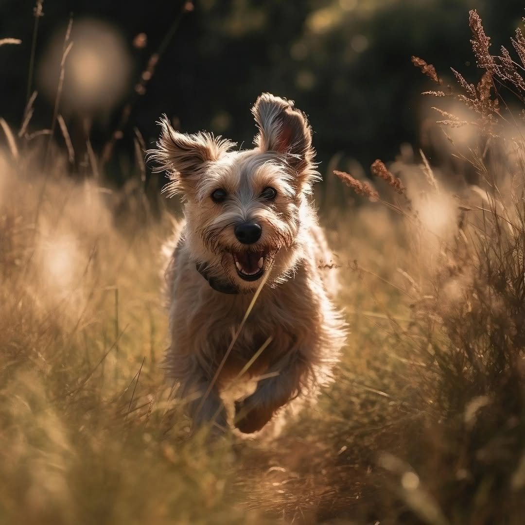 Un yorkshire heureux d'être en balade canine à l'Animal Behaviour Center